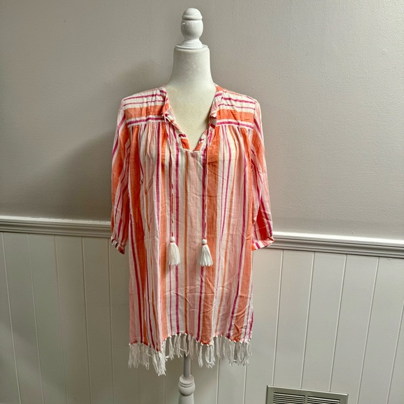 Roller Rabbit Tunic Swim Coverup Stripe Dress Tassels Pink Orange White Small S - Picture 12 of 12